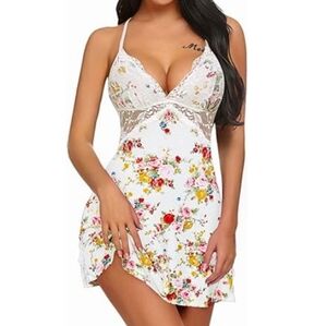 Nightie Lingerie Lace Chemise Sleepwear Babydoll Teddy Floral White